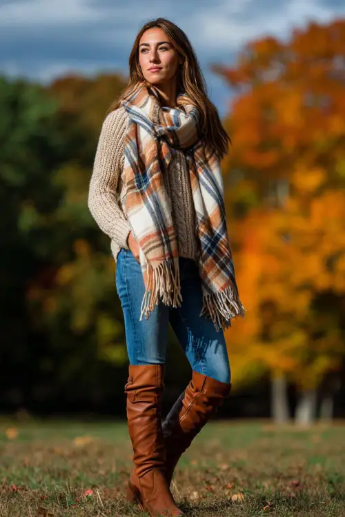 A woman wears a plaid blanket scarf over a chunky beige sweater, blue jeans, and tall brown boots, standing outdoors in a park filled with fall colors 