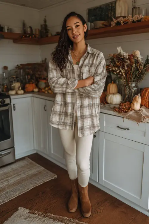 A woman wears a plaid shacket over a cream top with leggings and brown boots, standing in a cozy kitchen surrounded by fall decorations 