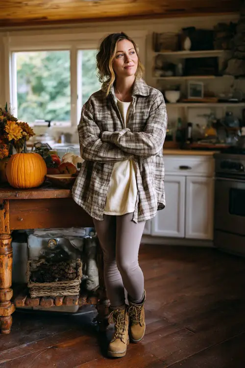 A woman wears a plaid shacket over a cream top with leggings and brown boots, standing in a cozy kitchen surrounded by fall decorations 