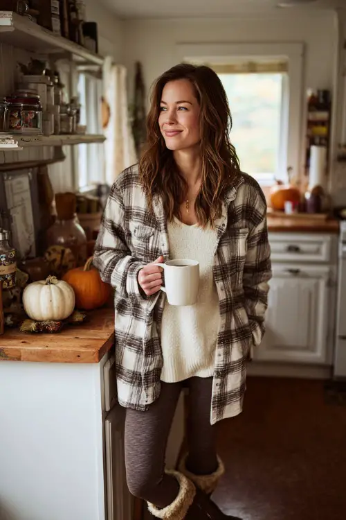 A woman wears a plaid shacket over a cream top with leggings and brown boots, standing in a cozy kitchen surrounded by fall decorations