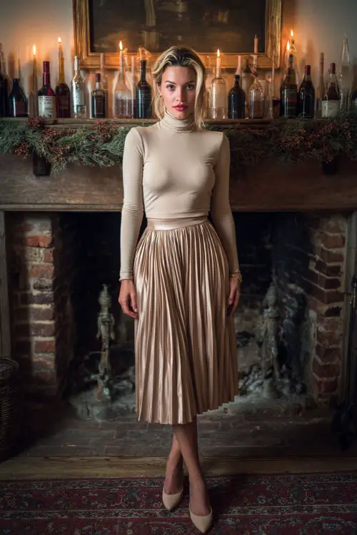 A woman wears a pleated champagne skirt paired with a fitted turtleneck and heels, standing near a fireplace with Thanksgiving garlands and candles