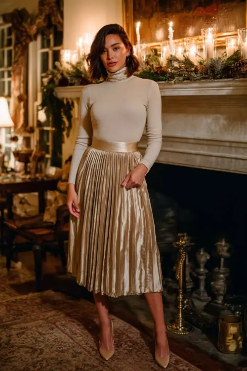 A woman wears a pleated champagne skirt paired with a fitted turtleneck and heels, standing near a fireplace with Thanksgiving garlands and candles