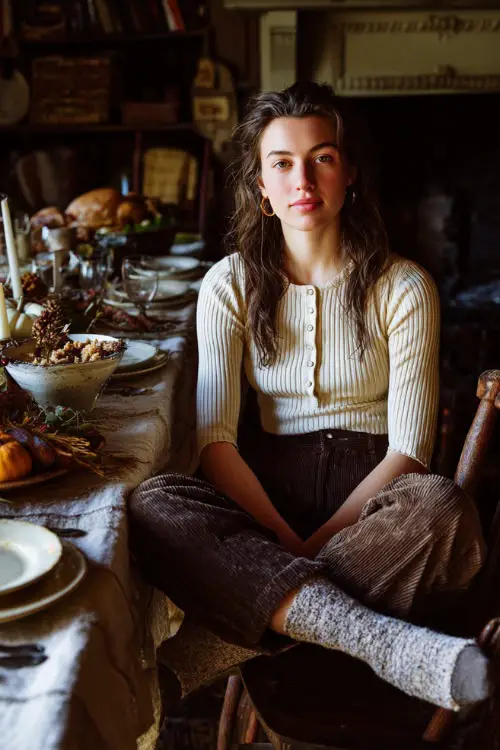 A woman wears a ribbed henley top tucked into soft corduroy pants with cozy socks, sitting at a rustic Thanksgiving dining table