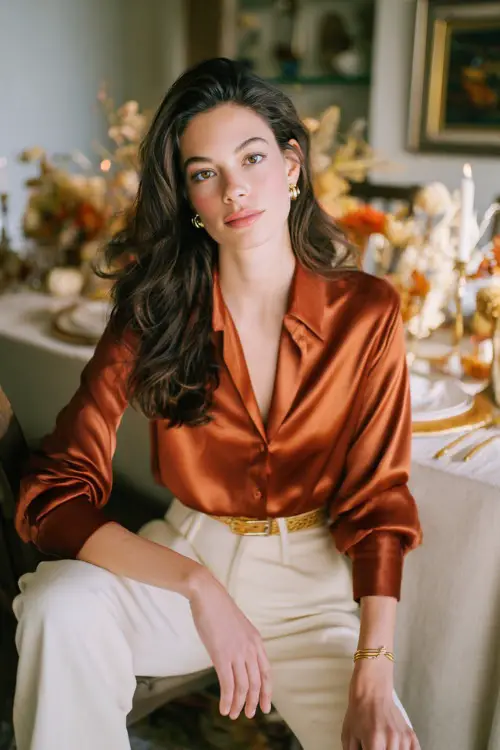 A woman wears a rust-colored satin blouse tucked into cream pants with a gold belt and pumps, sitting at a dining table with soft lighting and fall decor 