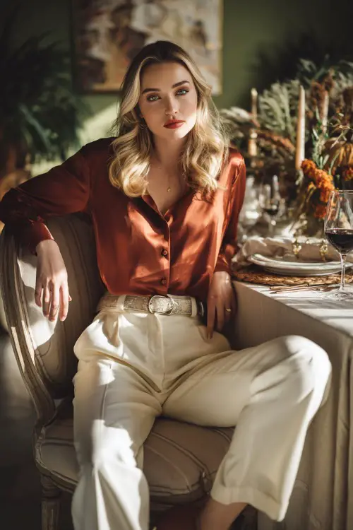 A woman wears a rust-colored satin blouse tucked into cream pants with a gold belt and pumps, sitting at a dining table with soft lighting and fall decor 