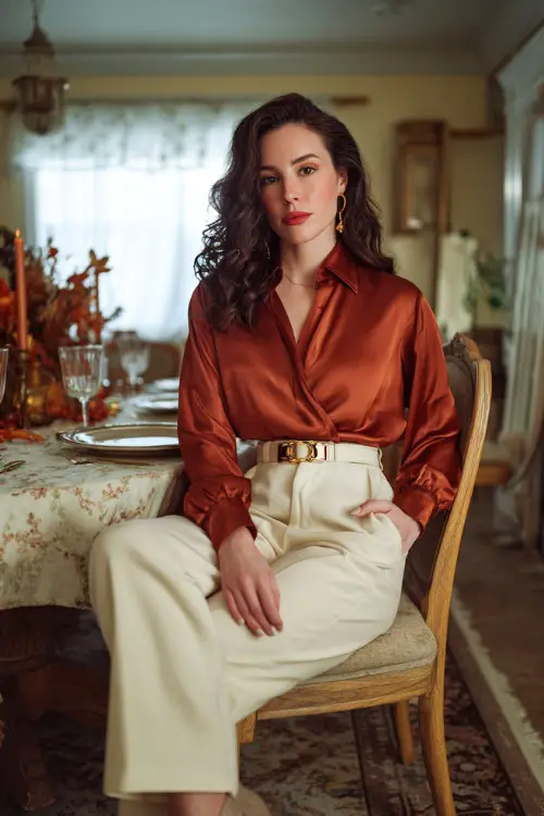 A woman wears a rust-colored satin blouse tucked into cream pants with a gold belt and pumps, sitting at a dining table with soft lighting and fall decor