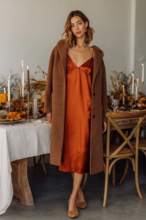 A woman wears a rust-colored silk slip dress layered with a wool coat and heeled mules, standing near a Thanksgiving table filled with candles and autumn decorations 