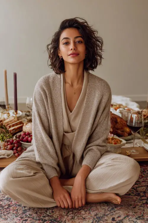 A woman wears a soft neutral lounge set with a wrap cardigan and wide-leg pants, sitting comfortably on a rug beside a Thanksgiving meal setup
