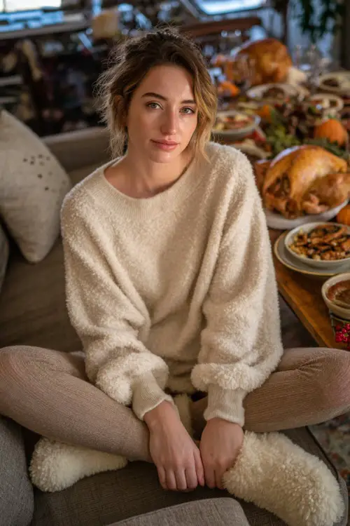 A woman wears a soft oversized beige sweater with leggings and fuzzy socks, sitting on a couch near a Thanksgiving dinner spread 