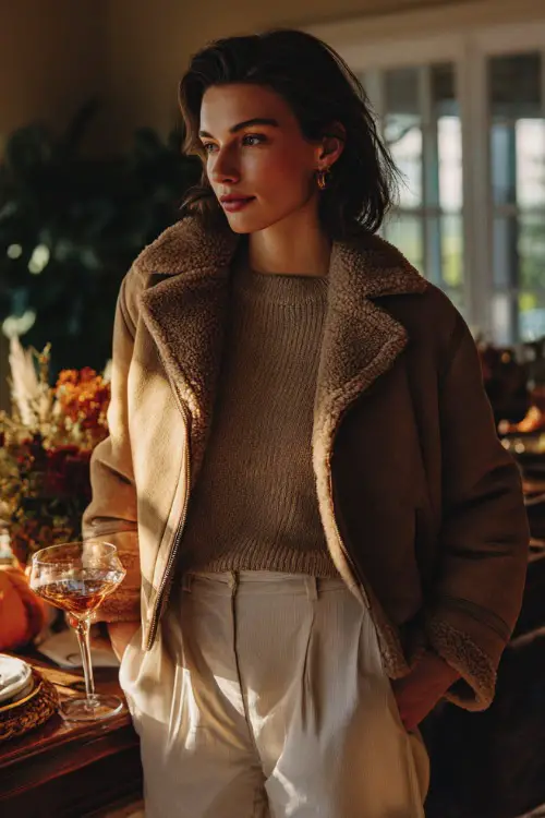A woman wears a tan shearling jacket over a ribbed sweater and wool trousers, standing near a Thanksgiving dinner setup with warm lighting and seasonal decor 