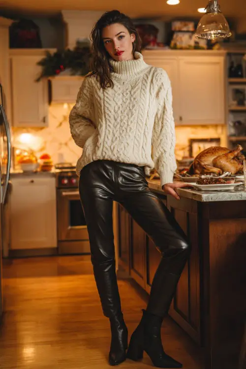 A woman wears a thick cream cable-knit sweater, leather pants, and ankle boots, standing in a warmly lit kitchen preparing Thanksgiving dinner 