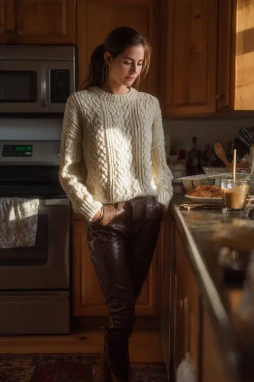 A woman wears a thick cream cable-knit sweater, leather pants, and ankle boots, standing in a warmly lit kitchen preparing Thanksgiving dinner