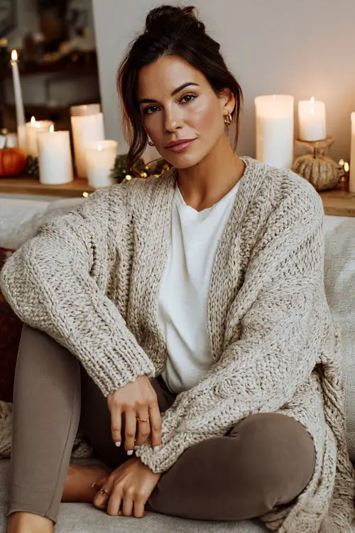 A women wears cardigan, white tee and leggings