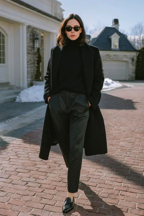 A woman dressed in a monochrome black winter outfit with a tailored coat, fine knit sweater, straight trousers, and elegant leather shoes 