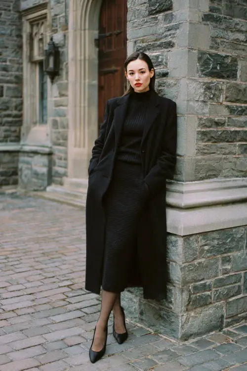 A woman dressed in an all-black winter ensemble with a long wool coat, fine knit sweater, midi skirt, sheer tights, and classic leather pumps