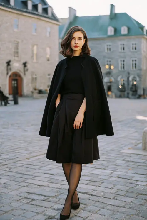 A woman dressed in an elegant black winter ensemble with a tailored cape-style coat, fine knit top, midi skirt, sheer tights, and classic leather pumps