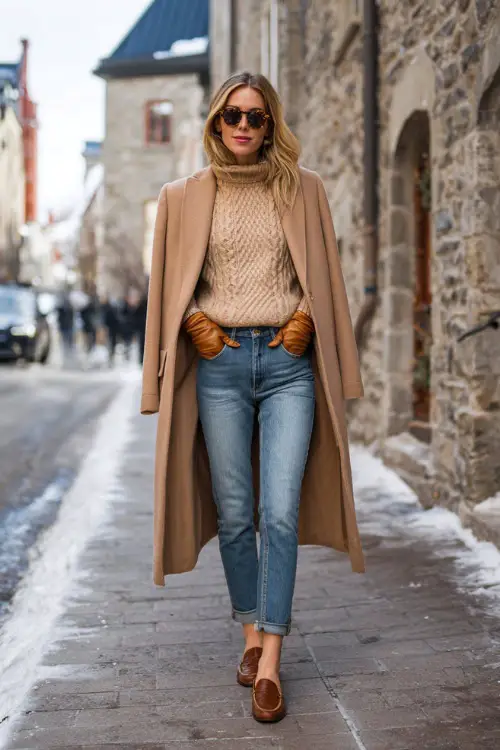 A woman dressed in classic blue jeans paired with a fitted camel coat, fine knit sweater, leather gloves, and polished ankle loafers