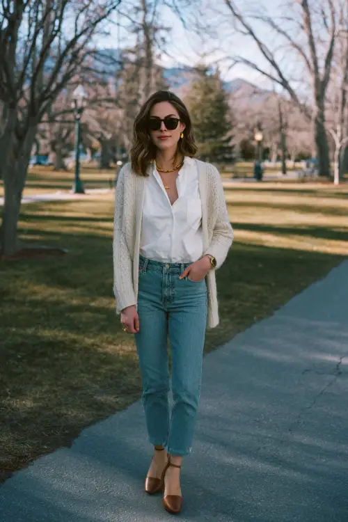 A woman dressed in classic denim jeans paired with a tailored knit cardigan, crisp blouse, leather ballet flats, and gold jewelry