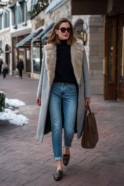 A woman dressed in classic winter denim paired with a long cashmere coat, ribbed knit sweater, leather loafers, and a structured leather tote