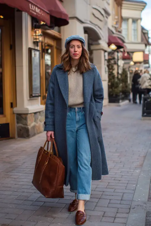 A woman dressed in classic winter denim paired with a long cashmere coat, ribbed knit sweater, leather loafers, and a structured leather tote, walking through an upscale shopping street in winter
