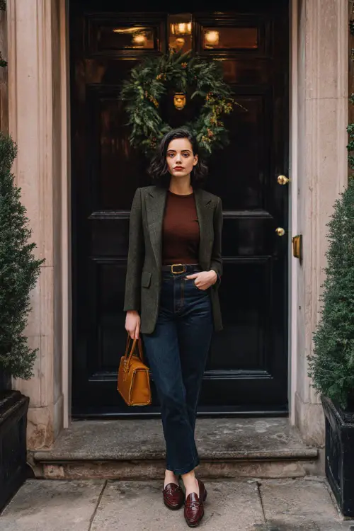 A woman in dark denim jeans paired with a tailored tweed blazer, fine merino wool top, leather loafers, and a structured handbag (2)
