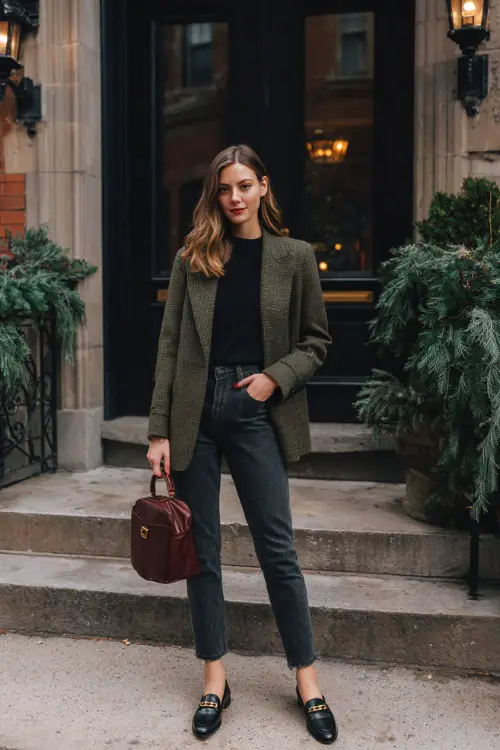 A woman in dark denim jeans paired with a tailored tweed blazer, fine merino wool top, leather loafers, and a structured handbag