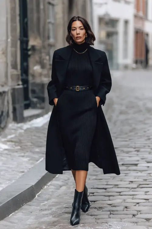 A woman styled in a black cashmere coat paired with a ribbed knit dress, leather belt, and pointed-toe ankle boots, walking along a cobblestone street with winter architecture 