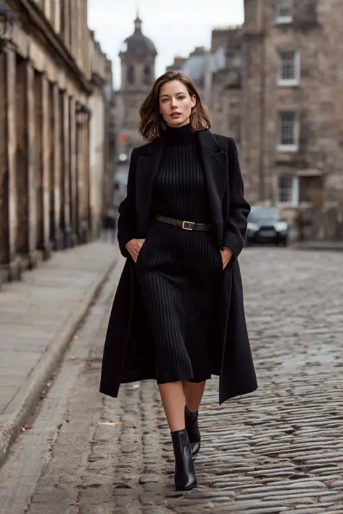 A woman styled in a black cashmere coat paired with a ribbed knit dress, leather belt, and pointed-toe ankle boots, walking along a cobblestone street with winter architecture