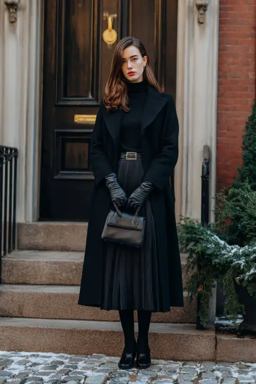 A woman wearing a black longline coat layered over a fitted knit top and pleated midi skirt, accessorized with leather gloves and a structured handbag