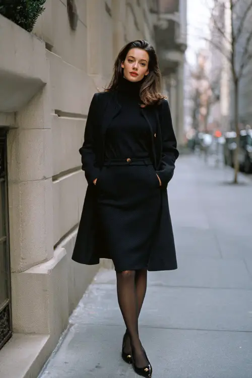 A woman wearing a black midi skirt styled with a fitted cashmere sweater, tailored coat, sheer tights, and classic pumps, standing along a quiet city sidewalk in winter 