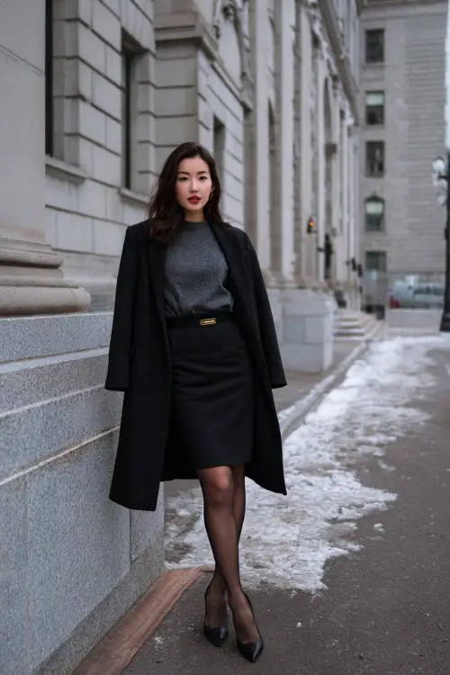 A woman wearing a black midi skirt styled with a fitted cashmere sweater, tailored coat, sheer tights, and classic pumps, standing along a quiet city sidewalk in winter