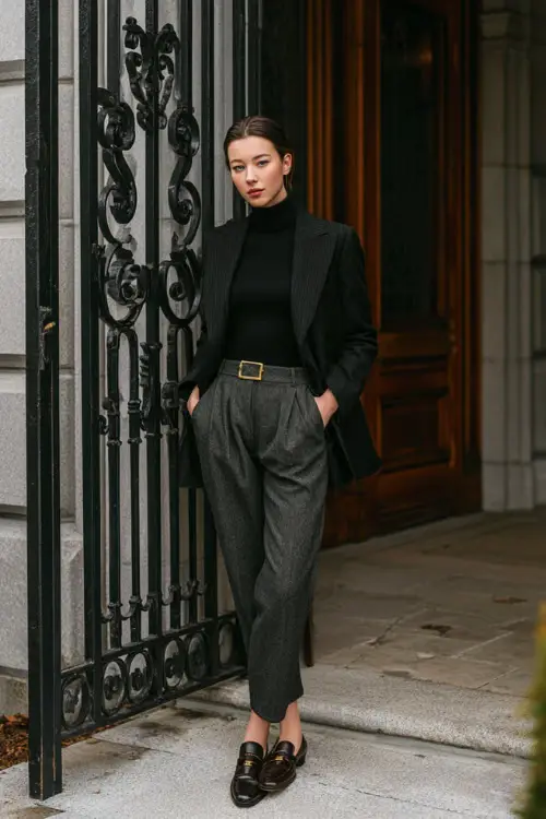 A woman wearing a black structured blazer over a fine wool turtleneck, tailored trousers, and classic leather loafers, standing near a wrought-iron gate in a winter setting