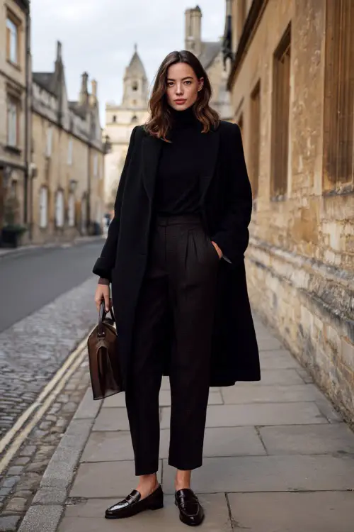 A woman wearing a black tailored wool coat over a fitted cashmere turtleneck and straight-leg trousers, paired with polished leather loafers and a structured handbag