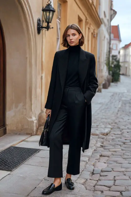 A woman wearing a black tailored wool coat over a fitted cashmere turtleneck and straight-leg trousers