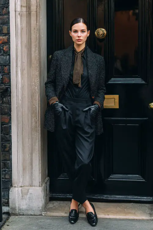 A woman wearing a black tweed blazer layered over a silk blouse with tailored black trousers, leather gloves, and sleek loafers