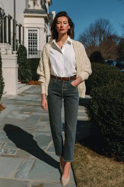 A woman wearing high-waisted straight jeans styled with a crisp white button-down, cable-knit sweater draped over the shoulders, sleek leather belt, and pointed-toe flats