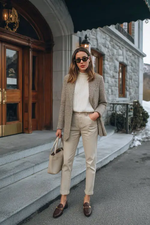 A-woman-wearing-neutral-tone-jeans-styled-with-a-structured-blazer-lightweight-cashmere-sweater-leather-loafers-and-a-top-handle-handbag