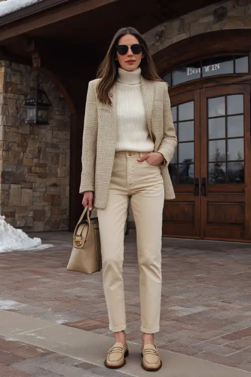 A woman wearing neutral-tone jeans styled with a structured blazer, lightweight cashmere sweater, leather loafers, and a top-handle handbag