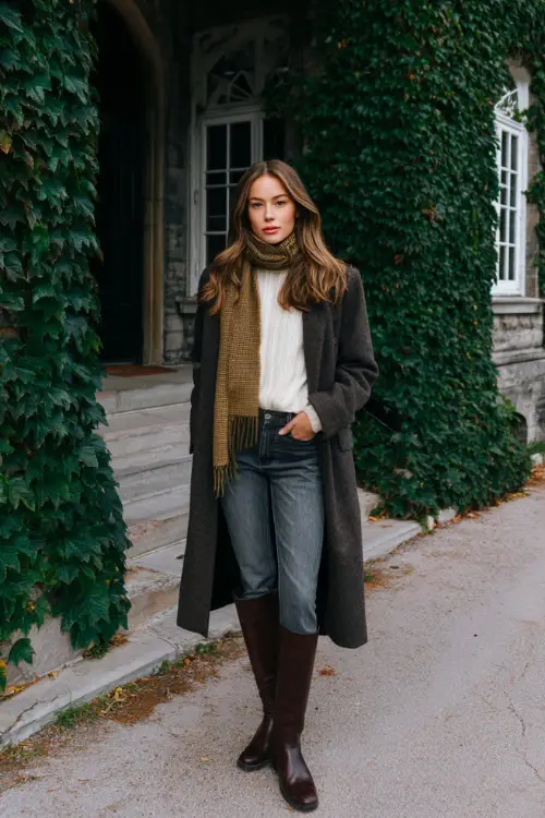 A woman wearing straight-leg jeans styled with a long wool coat, fitted knit sweater, leather riding boots, and a silk scarf, standing near an ivy-covered building in winter 