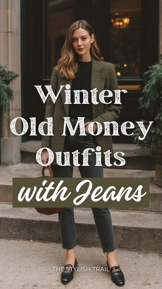 A woman wears a winter old money outfit with jeans paired with a tailored tweed blazer, fine merino wool top, leather loafers, and a structured handbag