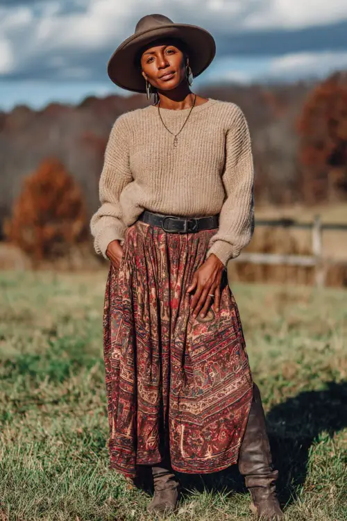 A Black woman in her 40s wears a cozy boho look with a soft knit sweater, a printed maxi skirt, knee-high boots, and a felt hat, styled in an autumn-inspired outdoor background