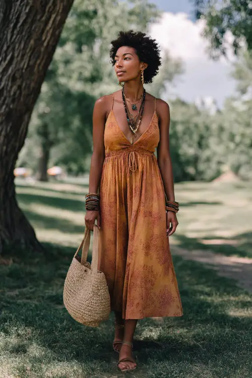 A Black woman over 30 wears a relaxed boho outfit with a breezy midi dress, flat sandals, layered bracelets, and a straw bag, styled in a sunlit park setting
