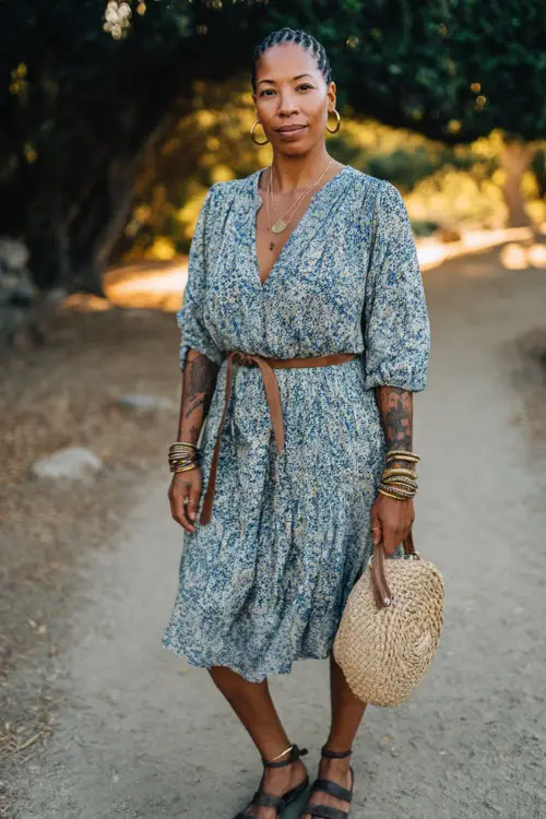 A Black woman over 30 wears a relaxed boho outfit with a breezy midi dress, flat sandals, layered bracelets, and a straw bag