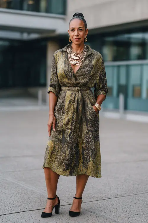 A Black woman over 40 wears a refined boho outfit featuring a midi dress with subtle prints, a belted waist, low block heels, and layered necklaces