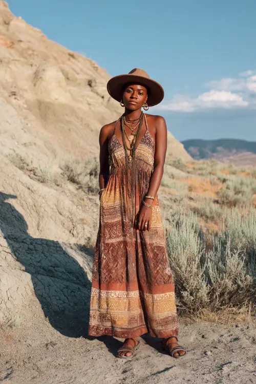 A Black woman wears a boho outfit with a flowy maxi dress featuring earthy patterns, flat leather sandals, layered gold jewelry, and a wide-brim hat, styled in a sunlit outdoor setting 