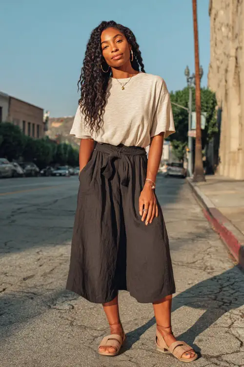A Black woman wears a casual boho everyday outfit with a relaxed tee, a flowy skirt, comfortable sandals, and subtle jewelry, styled in a calm city street background 