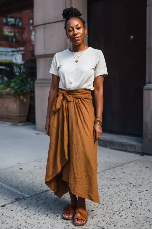 A Black woman wears a casual boho everyday outfit with a relaxed tee, a flowy skirt, comfortable sandals, and subtle jewelry, styled in a calm city street background