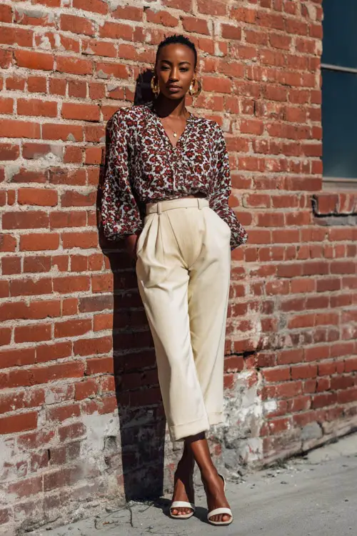 A Black woman wears a chic boho outfit with straight-leg trousers, a lightweight patterned blouse, low heels, and statement earrings, styled in a creative urban setting 