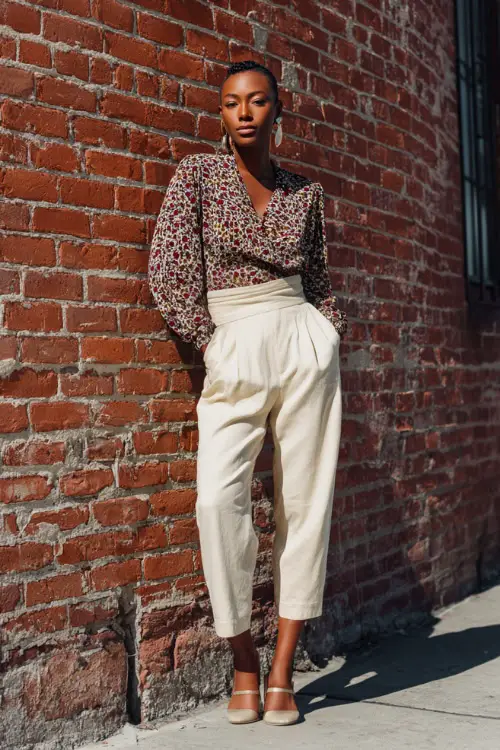 A Black woman wears a chic boho outfit with straight-leg trousers, a lightweight patterned blouse, low heels, and statement earrings, styled in a creative urban setting