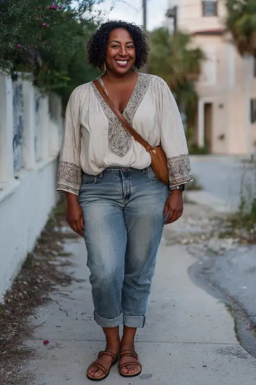 A curvy Black woman wears a casual boho outfit with a loose peasant blouse, relaxed-fit jeans, flat sandals, and a crossbody bag, styled in a peaceful neighborhood street 